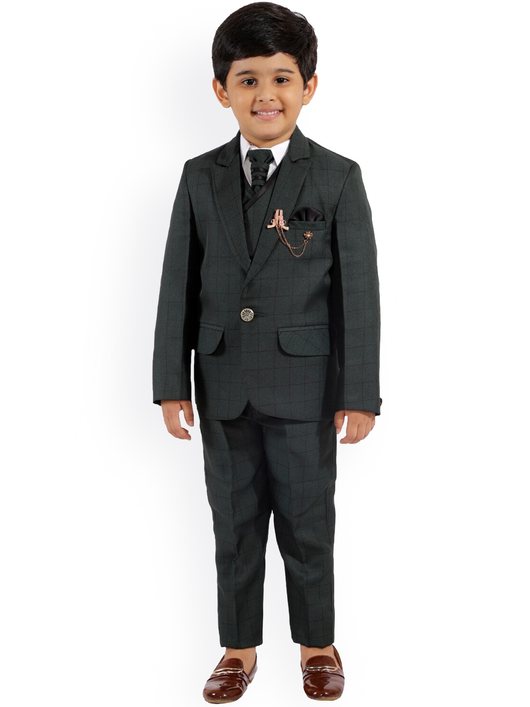 

FOURFOLDS Boys Green Checked Single-Breasted 5-Piece Party Suit