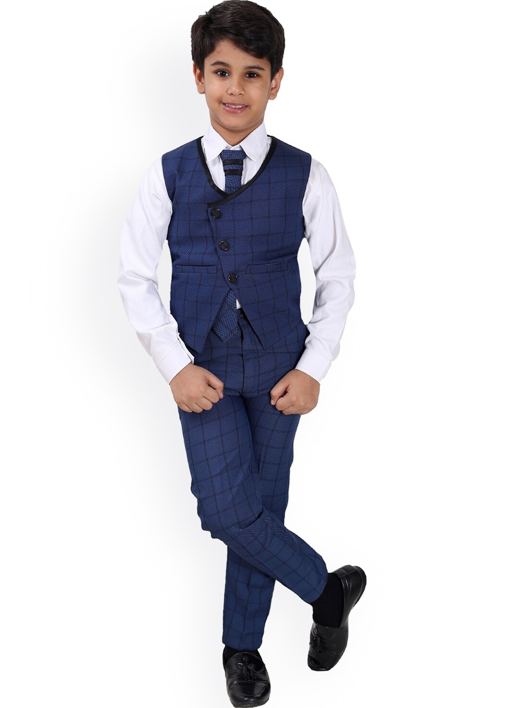 

FOURFOLDS Boys Blue Checked 5-Piece Single-Breasted Partywear Suit