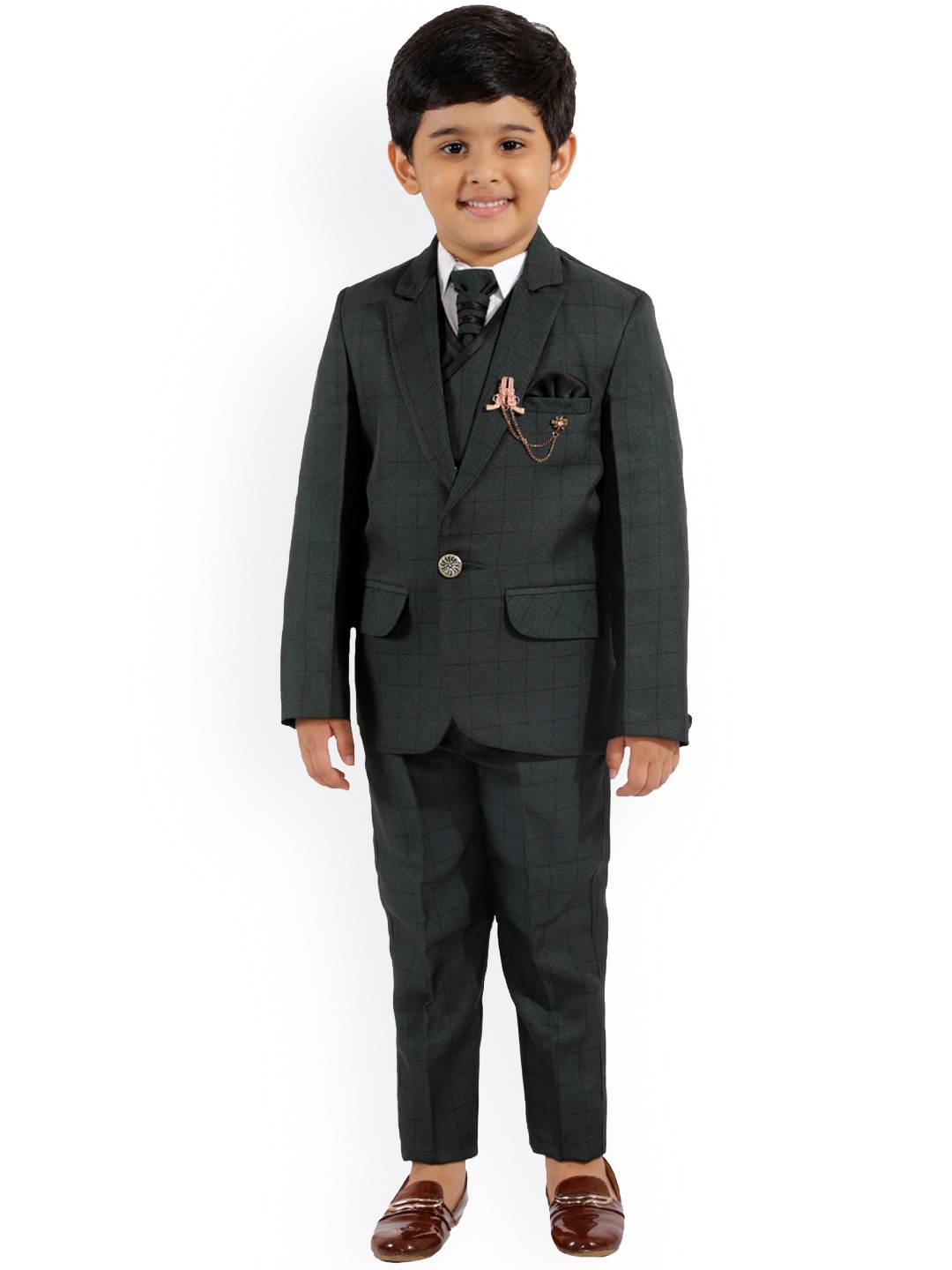 

FOURFOLDS Boys Green Checked Single Breasted 5-Pc Suits