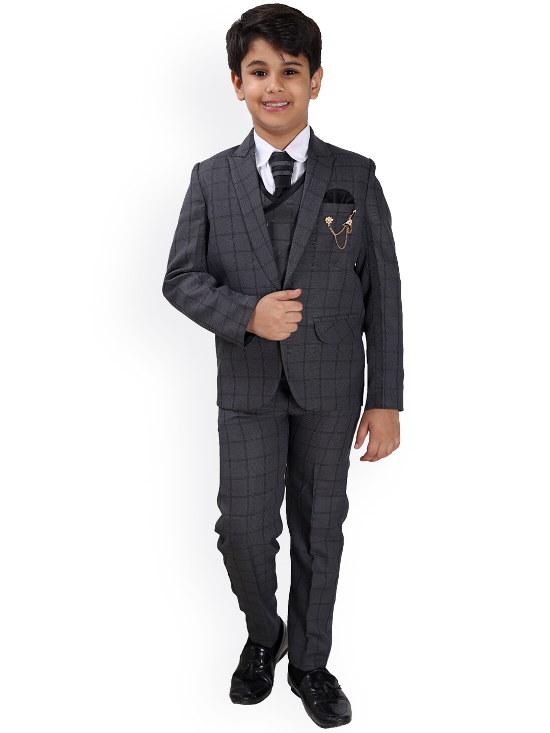 

FOURFOLDS Boys Checkered Patterned Single-Breasted 5-Pieces Suits, Black