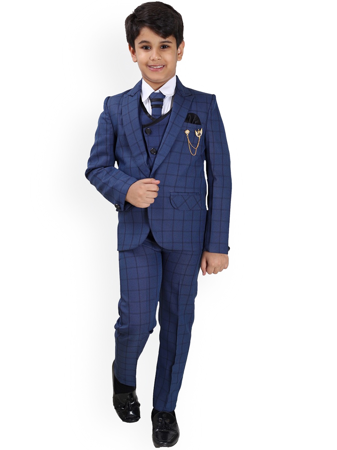 

FOURFOLDS Boys Blue Checked 5-Piece Party Suit