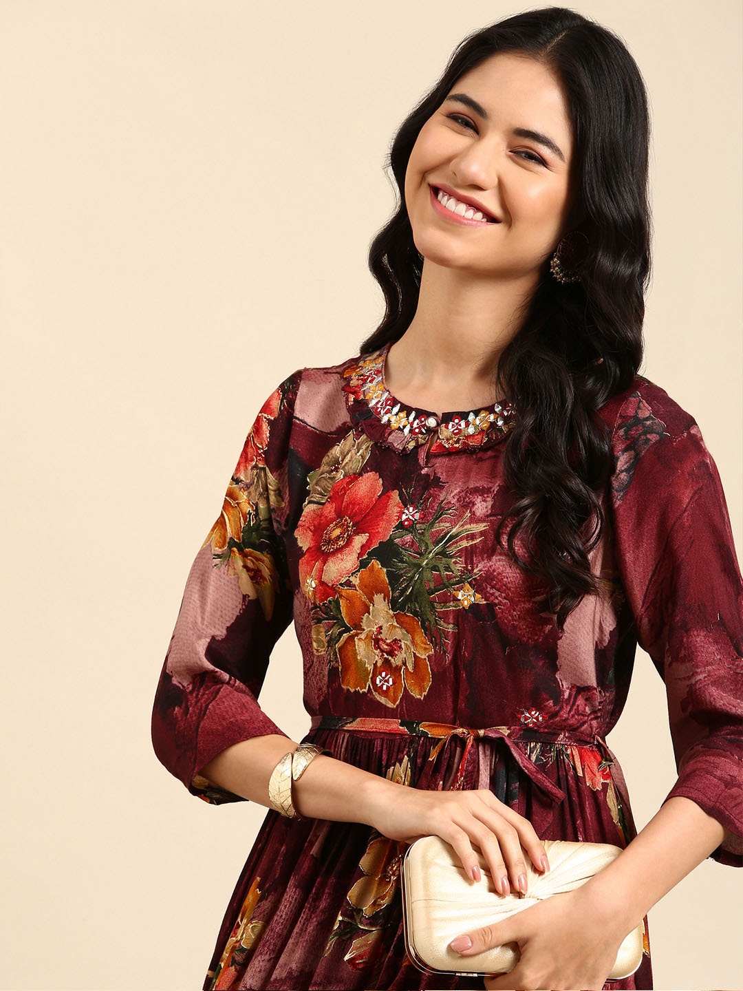 

SHOWOFF Women Burgundy Floral Printed Floral Anarkali Kurta