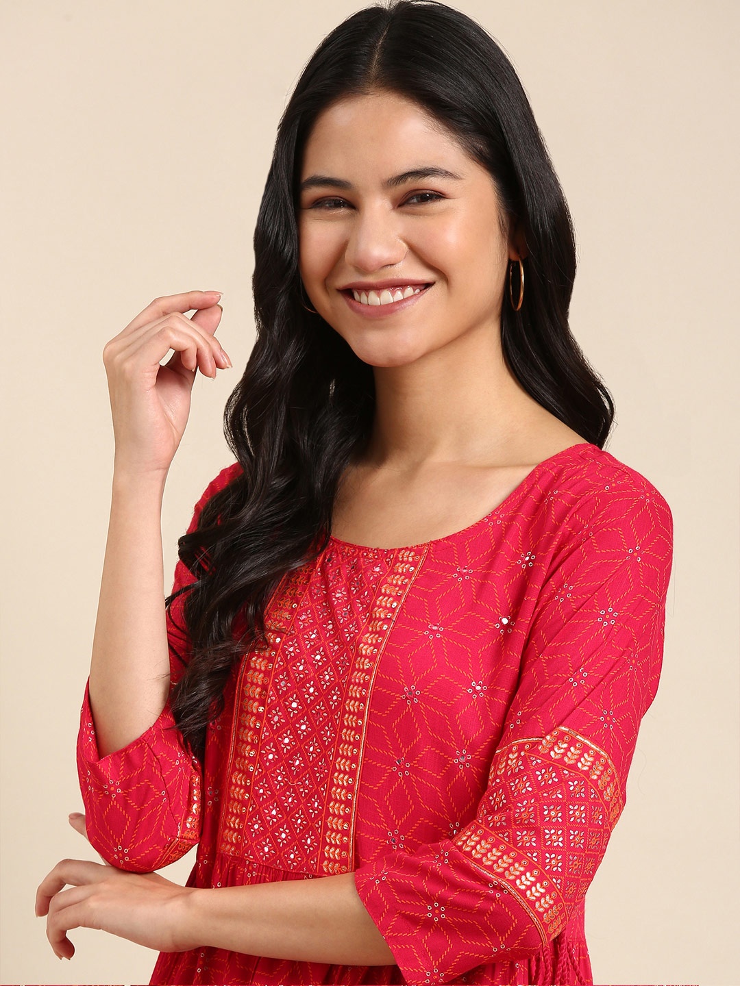 

SHOWOFF Red Geometric Printed Mirror Work Indie Prints Anarkali Cotton Kurta