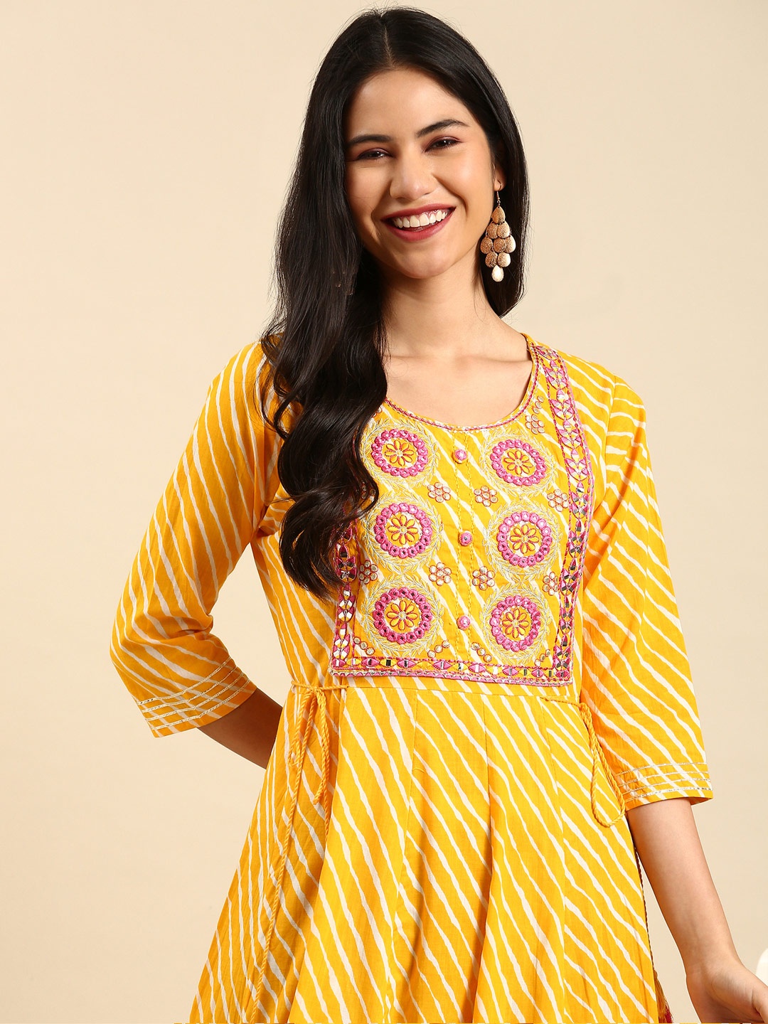 

SHOWOFF Women Yellow & Pink Embellished Gotta Patti Anarkali Cotton Kurta