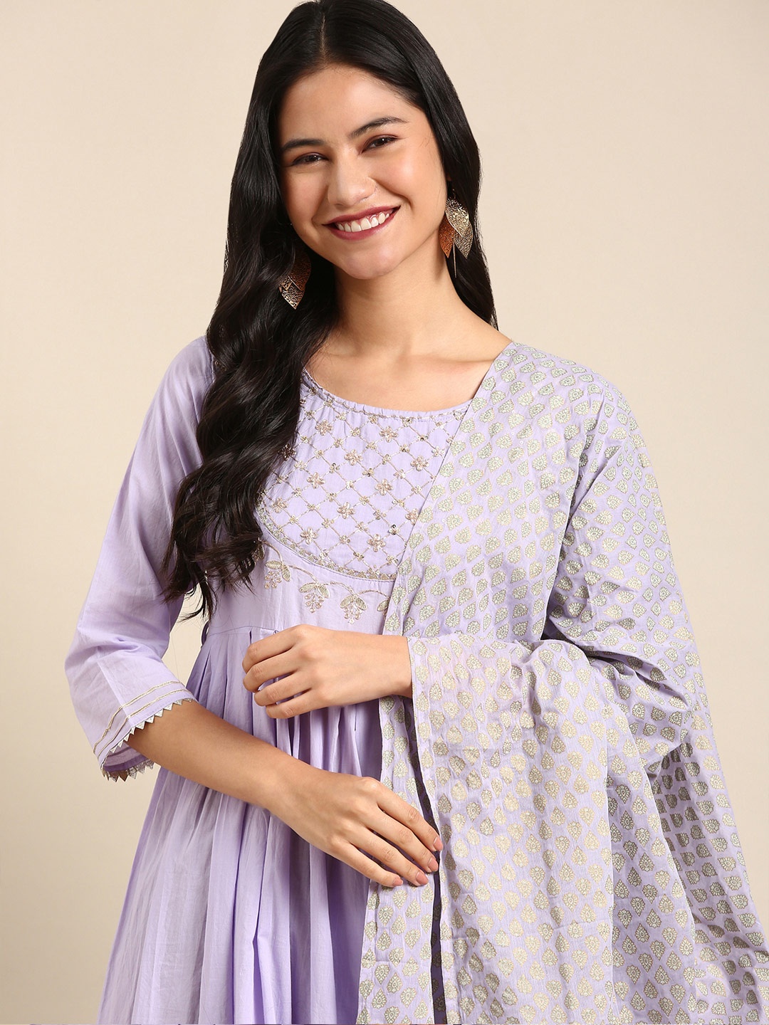 

SHOWOFF Lavender Floral Embroidered Thread Work Anarkali Cotton Kurta