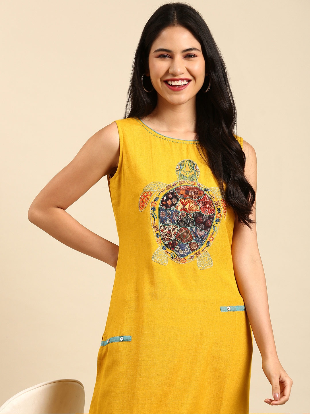 

SHOWOFF Floral Pastels Straight Cotton Kurta, Yellow