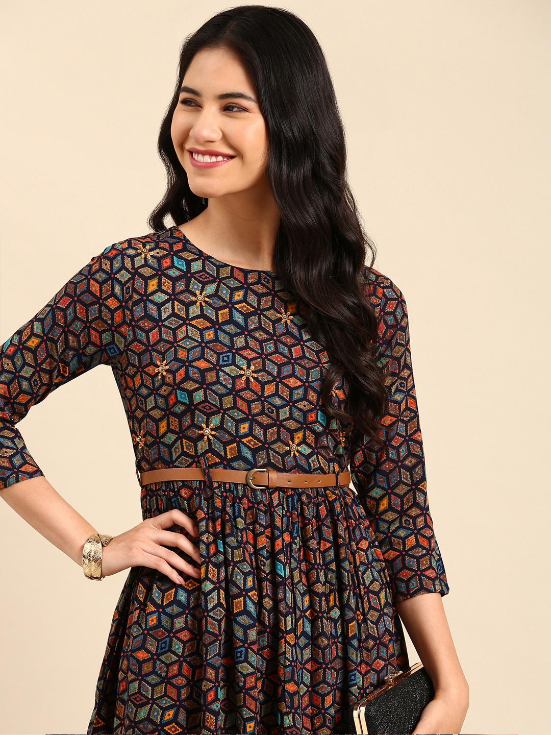 

SHOWOFF Black & Orange Geometric Printed Belted Detail Anarkali Cotton Kurta