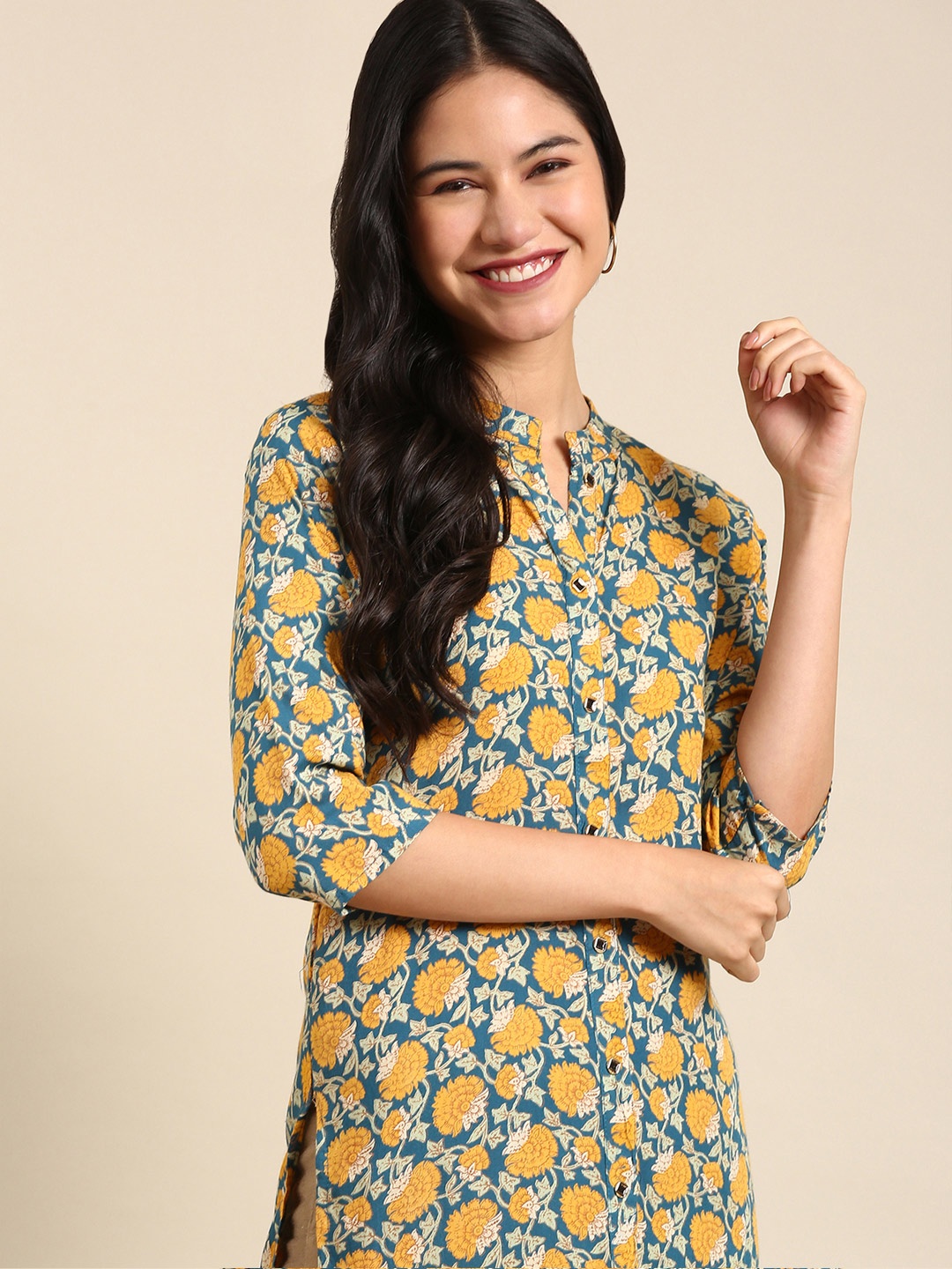 

SHOWOFF Teal & Yellow Floral Printed Floral Cotton Kurta