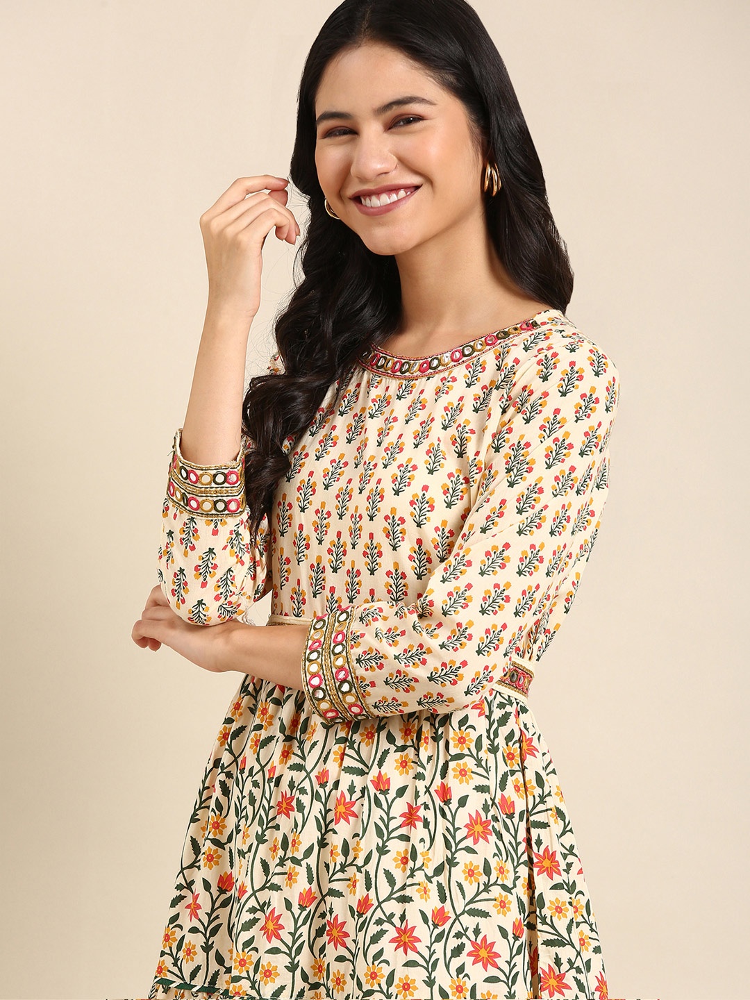 

SHOWOFF Beige Floral Printed Mirror Work Floral Anarkali Cotton Kurta