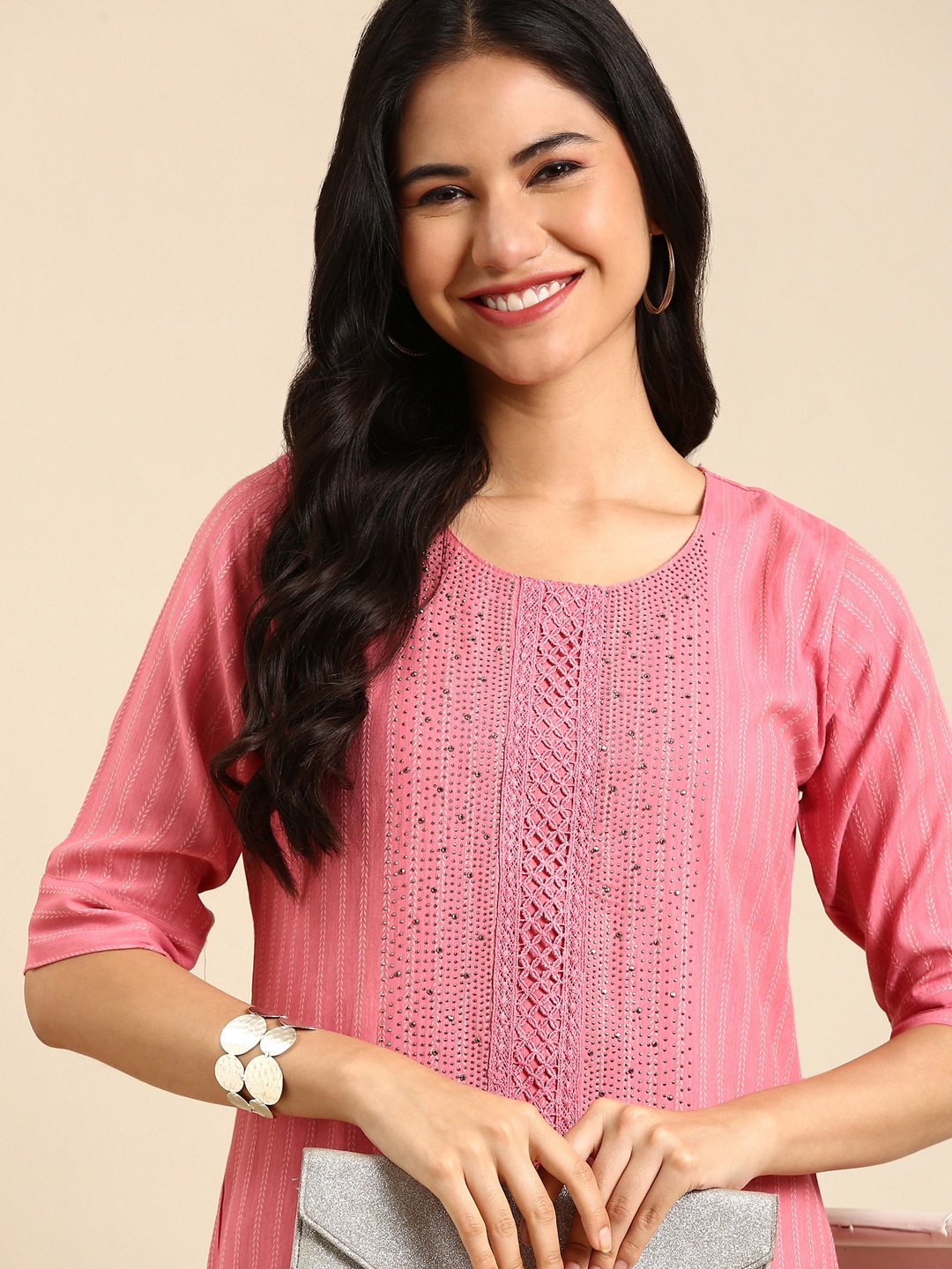 

SHOWOFF Striped Printed Cotton Kurta, Pink
