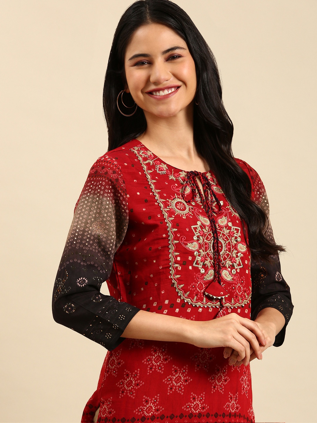 

SHOWOFF Women Maroon Bandhani Printed Kurta