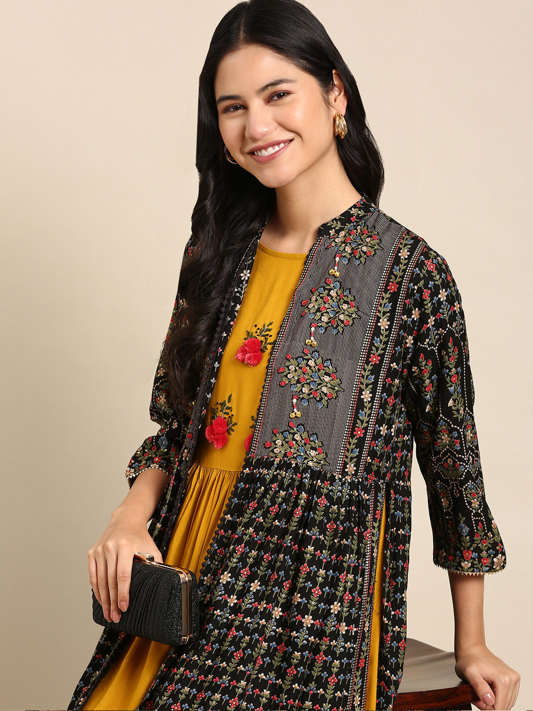 

SHOWOFF Yellow & Black Floral Embroidered Flared Sleeves Floral Anarkali Cotton Kurta