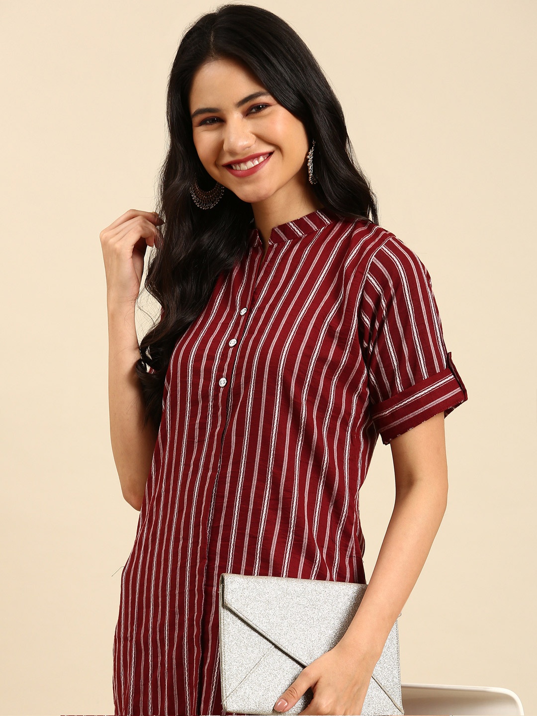 

SHOWOFF Maroon Striped Printed Kurta