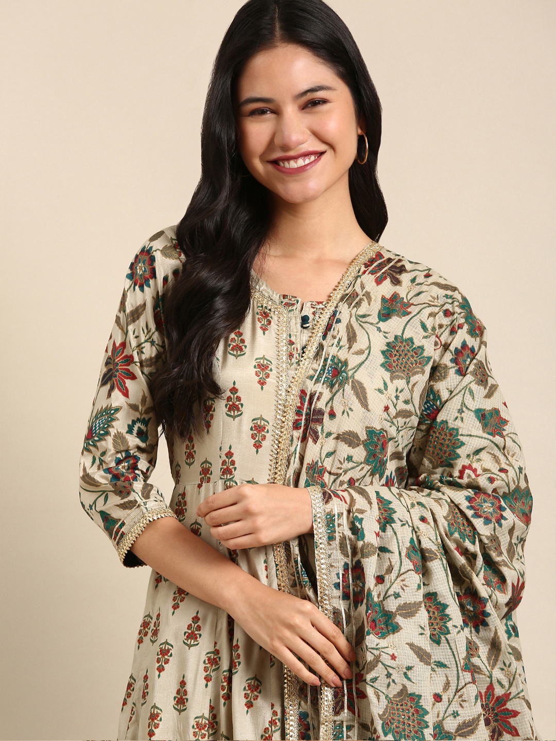 

SHOWOFF Beige Floral Printed Anarkali Art Silk Kurta