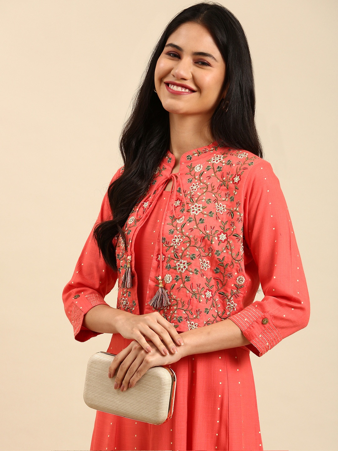 

SHOWOFF Coral Floral Embroidered Thread Work Block Print Cotton Kurta
