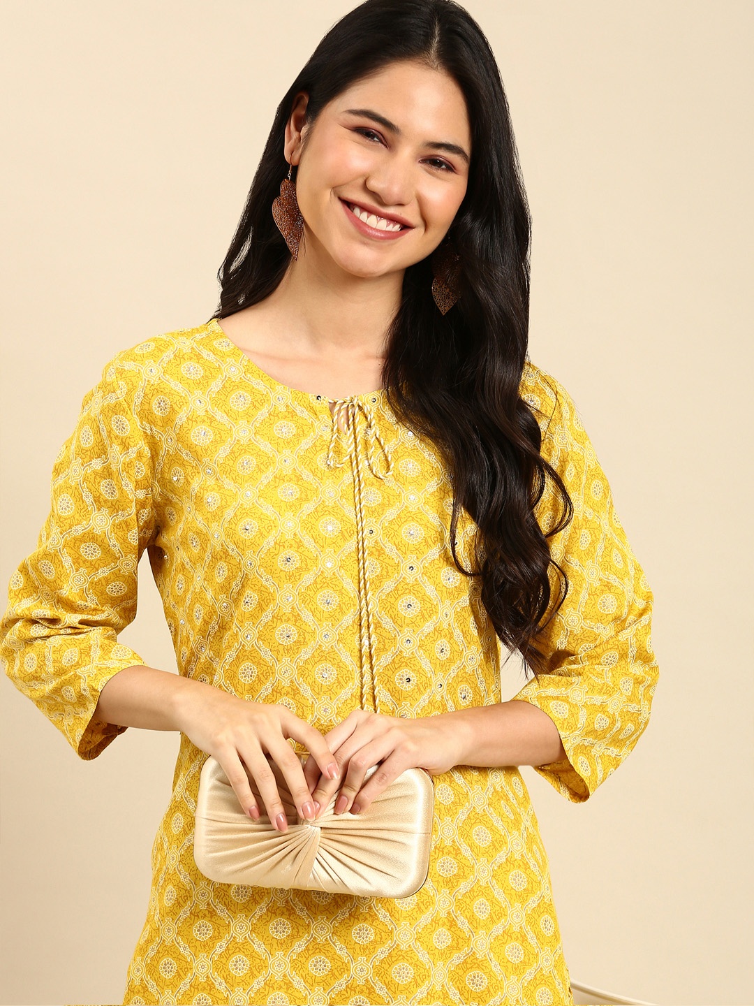 

SHOWOFF Yellow Ethnic Motifs Printed Cotton Kurta