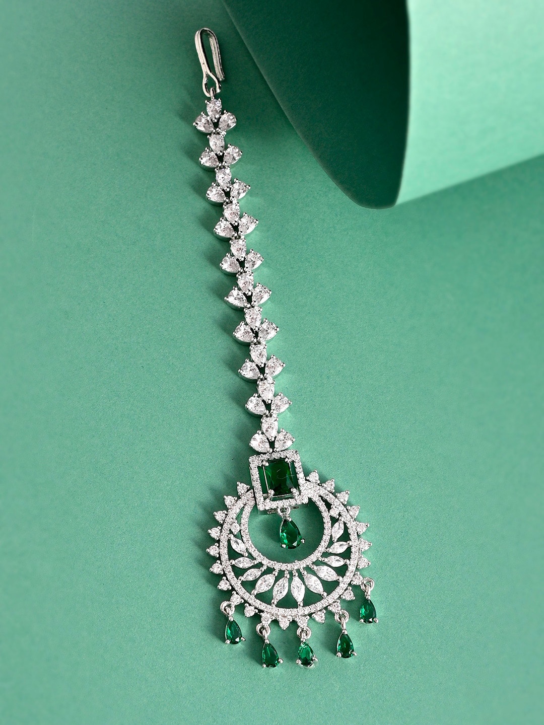 

Voylla Rhodium-Plated Silver-Toned White & Green CZ-Studded Maang Tikka