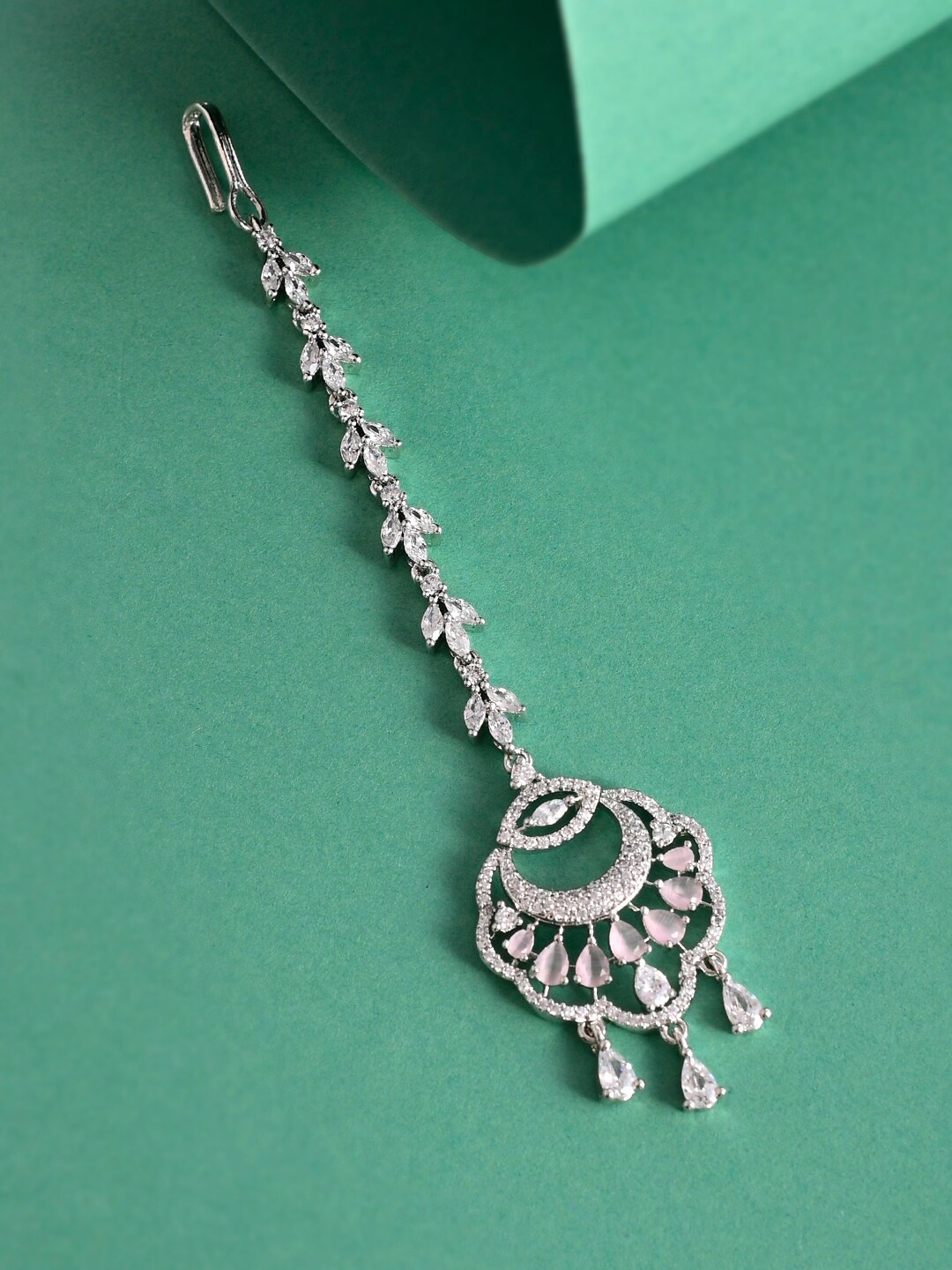

Voylla Rhodium-Plated Silver-Toned White CZ-Studded Maang Tikka