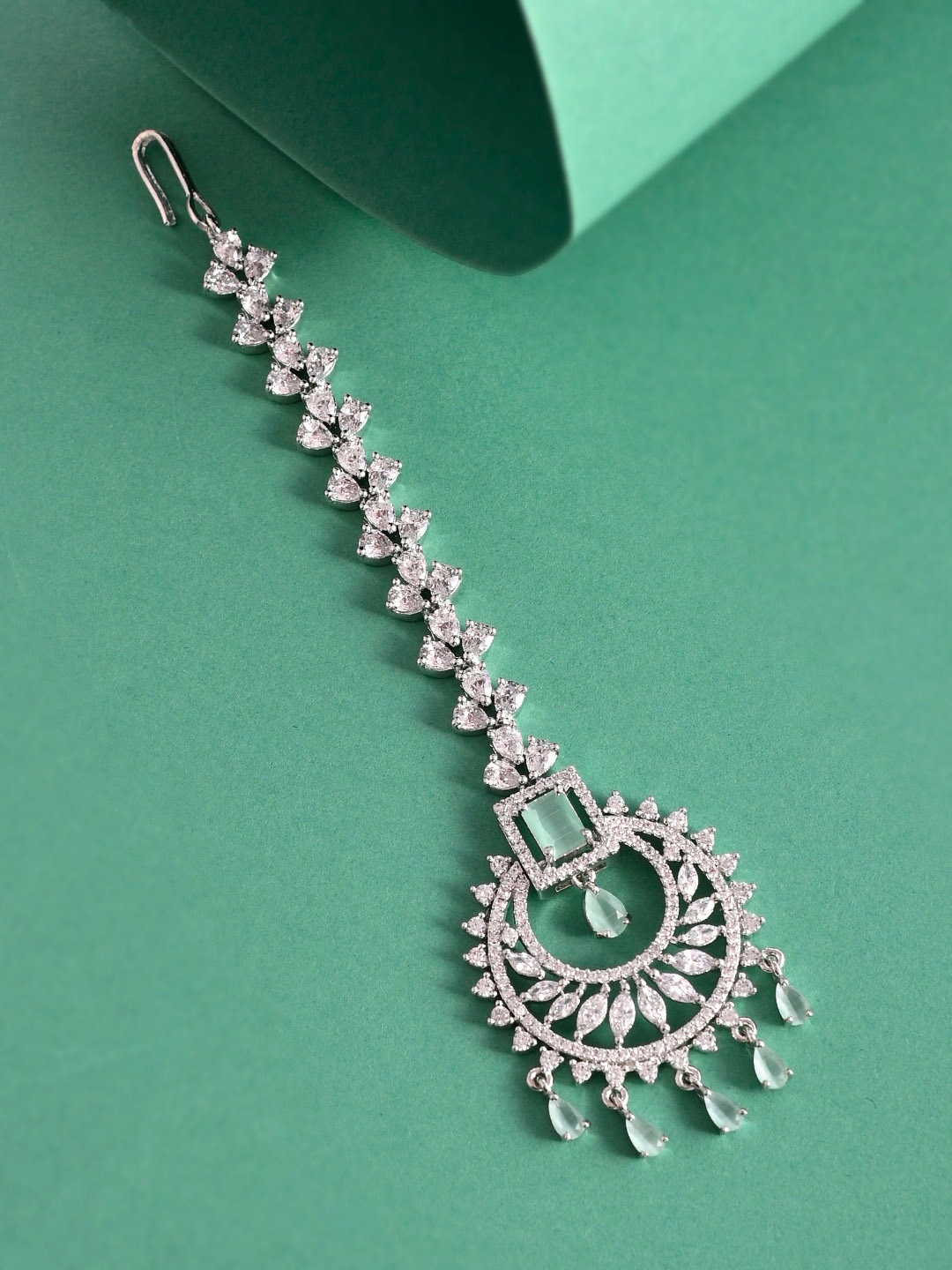 

Voylla Rhodium-Plated Silver-Toned & White CZ Studded & Beaded Maangtika