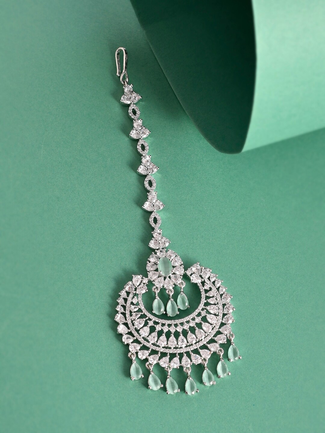 

Voylla Silver-Plated Green & White CZ Stone-Studded Maang Tikka