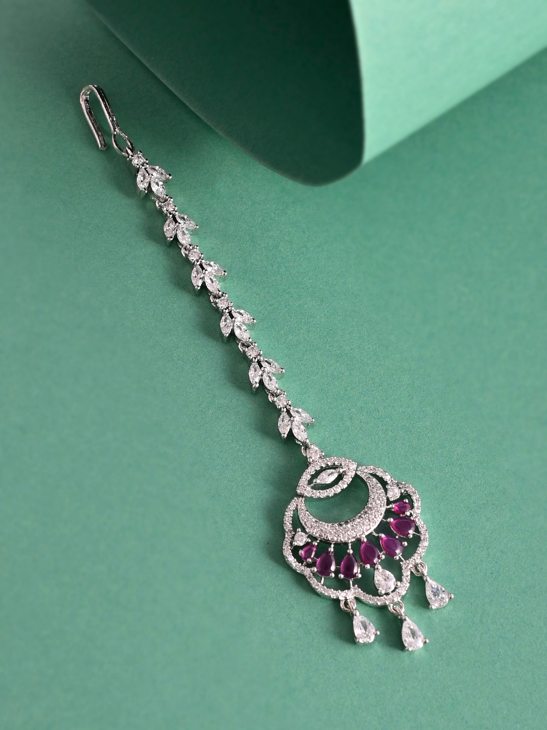 

Voylla Rhodium-Plated Silver-Toned Pink CZ-Studded Maangtika