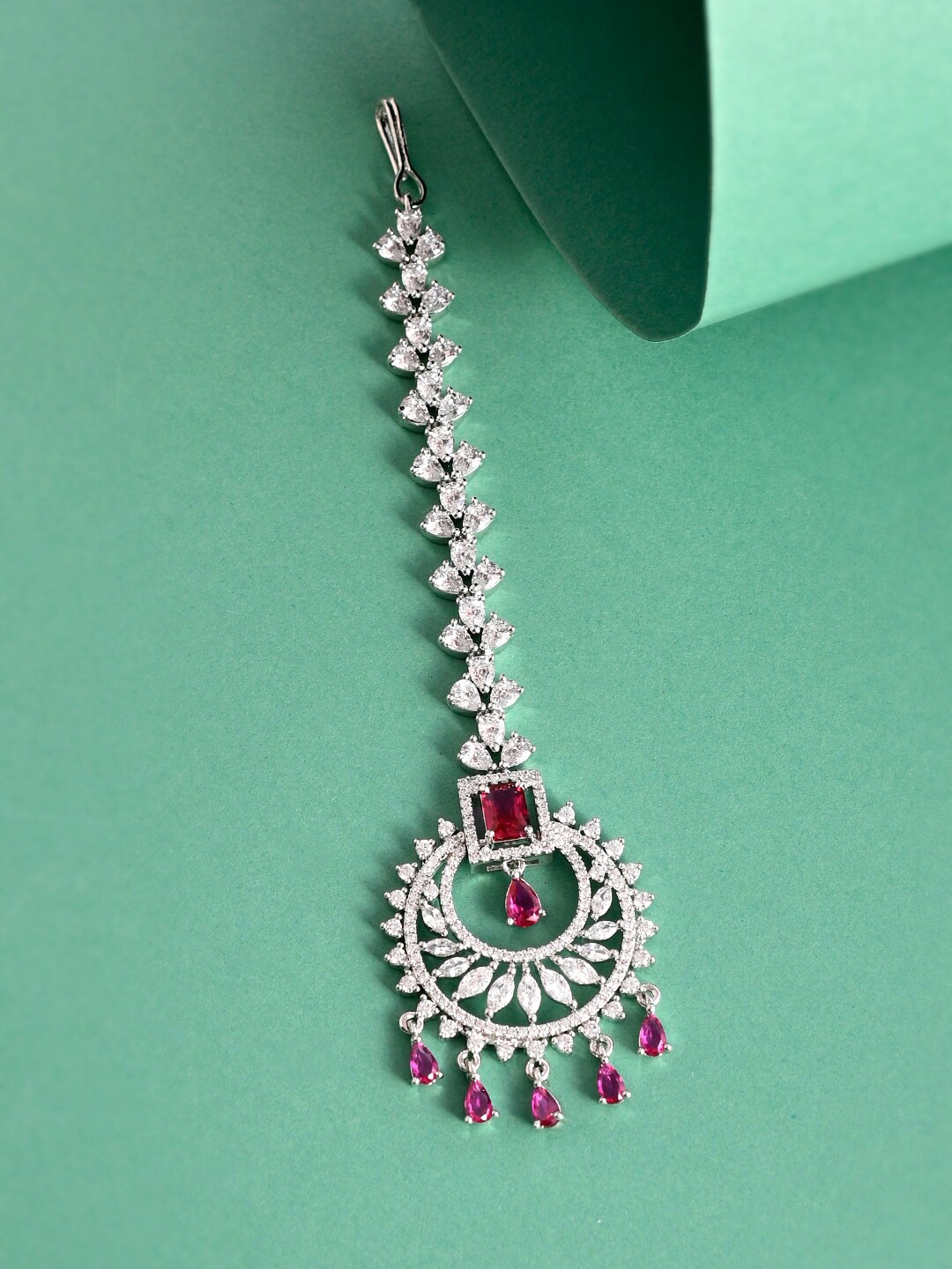 

Voylla Rhodium-Plated Pink & White Kundan-Studded Maangtikka