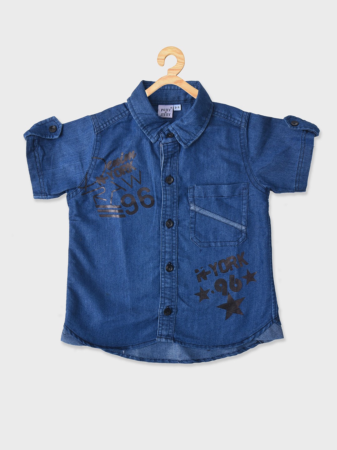 

POMY & JINNY Boys Smart Slim Fit Printed Cotton Denim Casual Shirt, Blue
