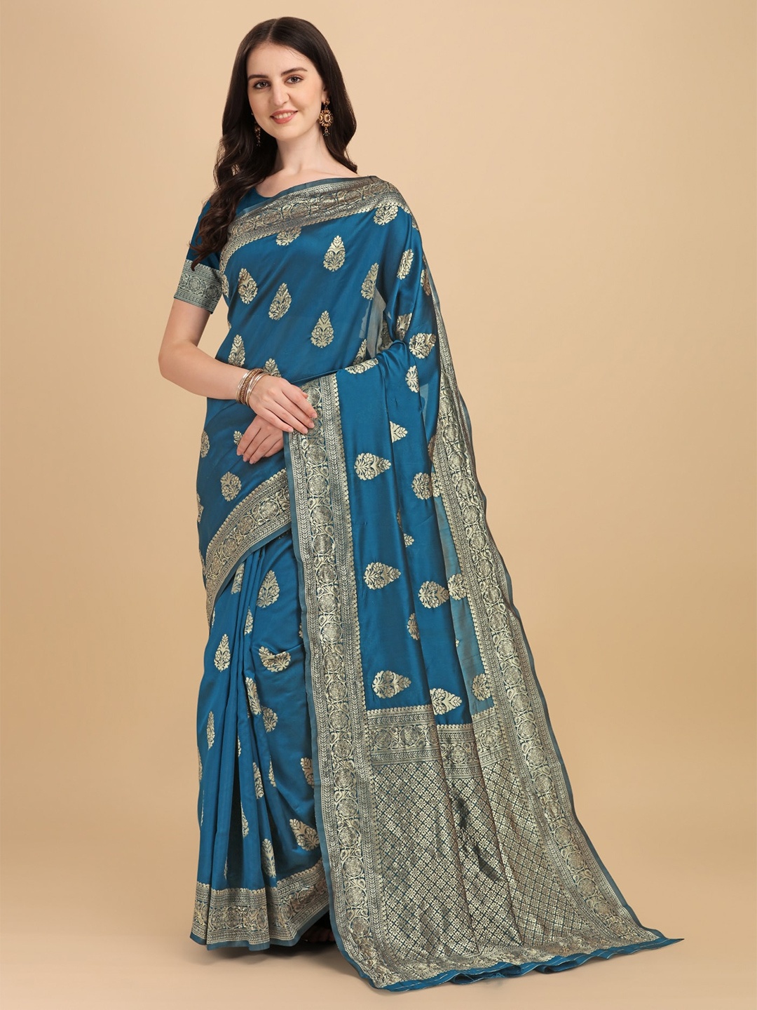 

TEREZA Teal & Gold-Toned Ethnic Motifs Zari Silk Cotton Kanjeevaram Saree