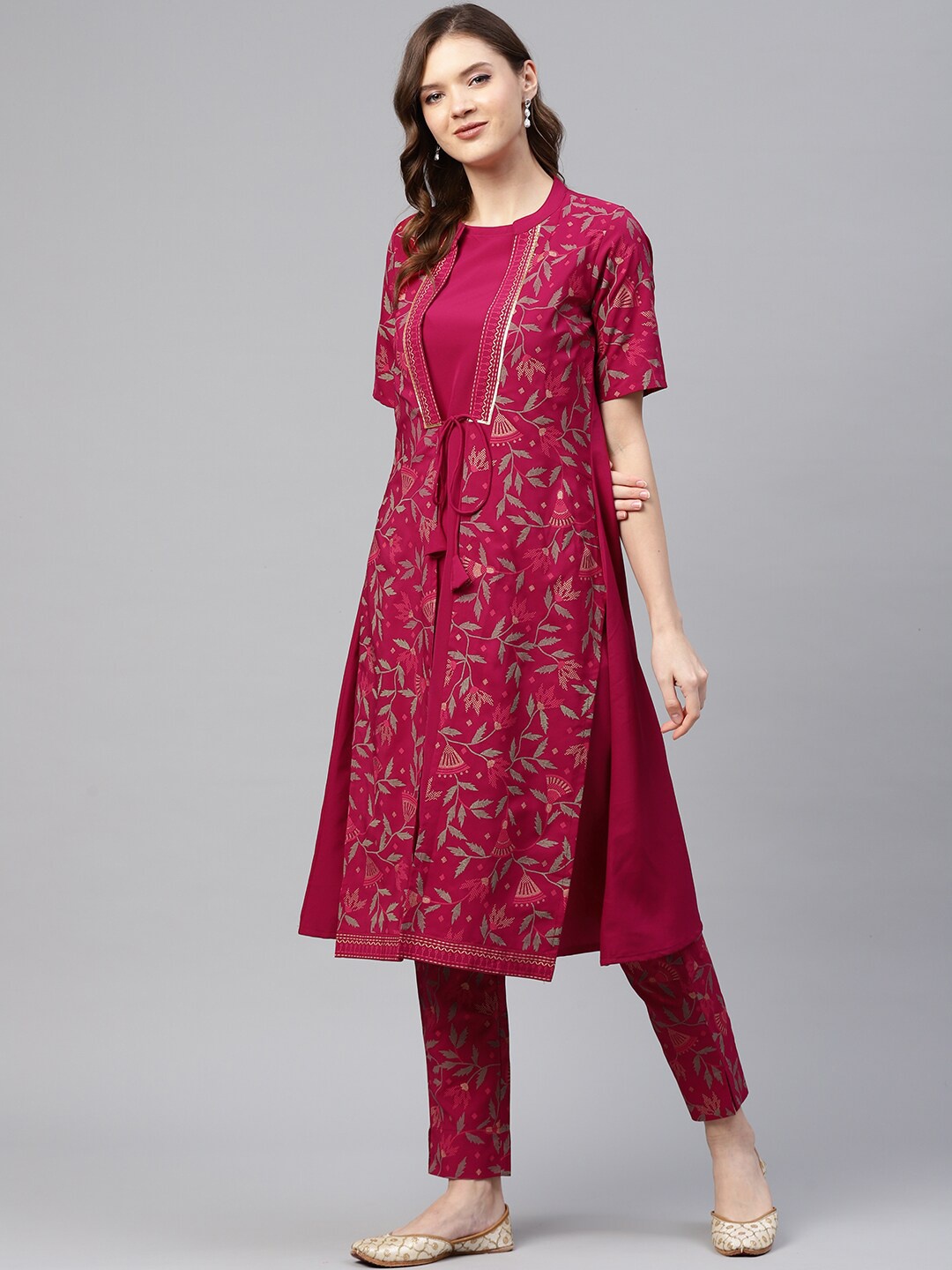 

ZIYAA Floral Printed Crepe A-Line Layered Kurta, Pink