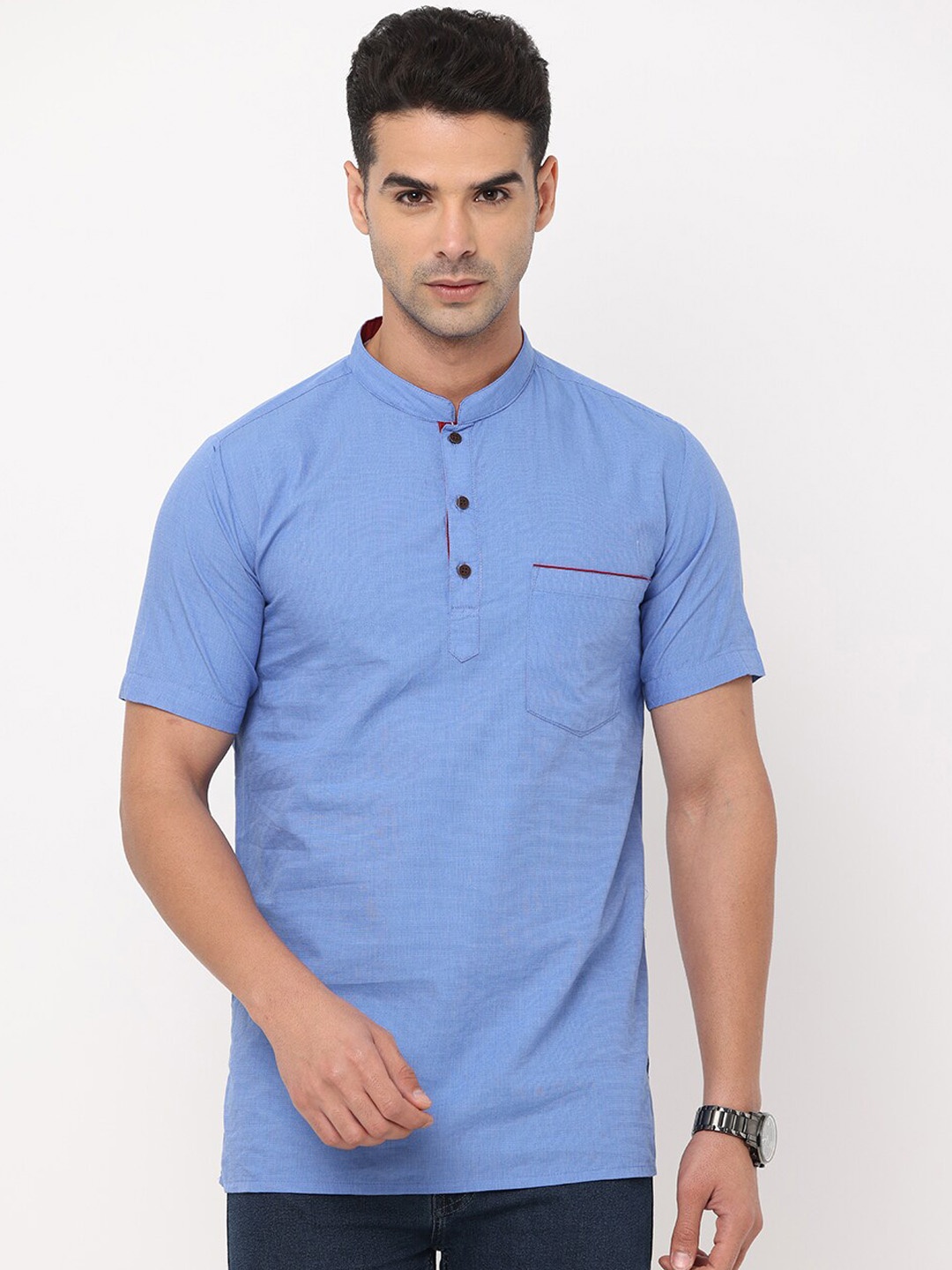 

NIRVAAN Men Blue Straight Cotton Kurta