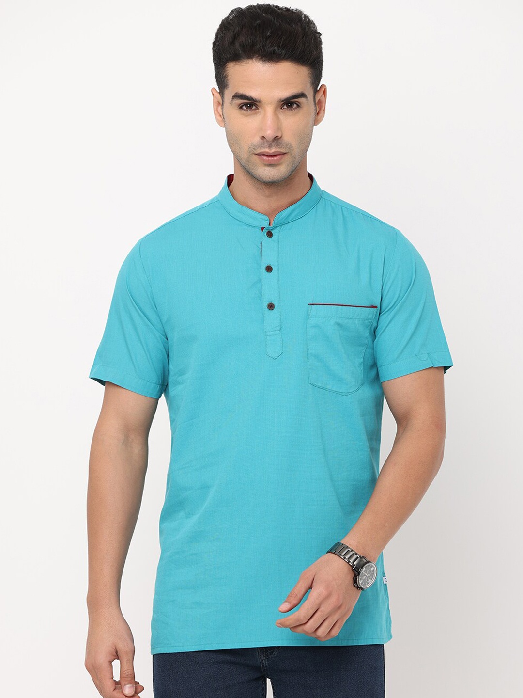 

NIRVAAN Men Blue Mandarin Collar Cotton Kurta