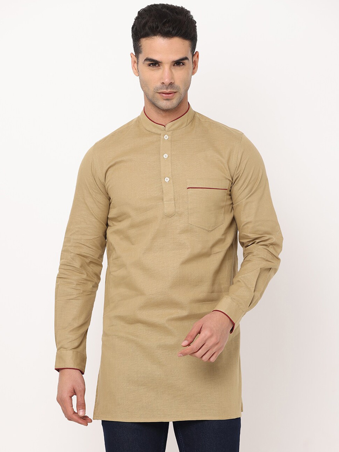 

NIRVAAN Men Khaki Mandarin Collar Cotton Kurta