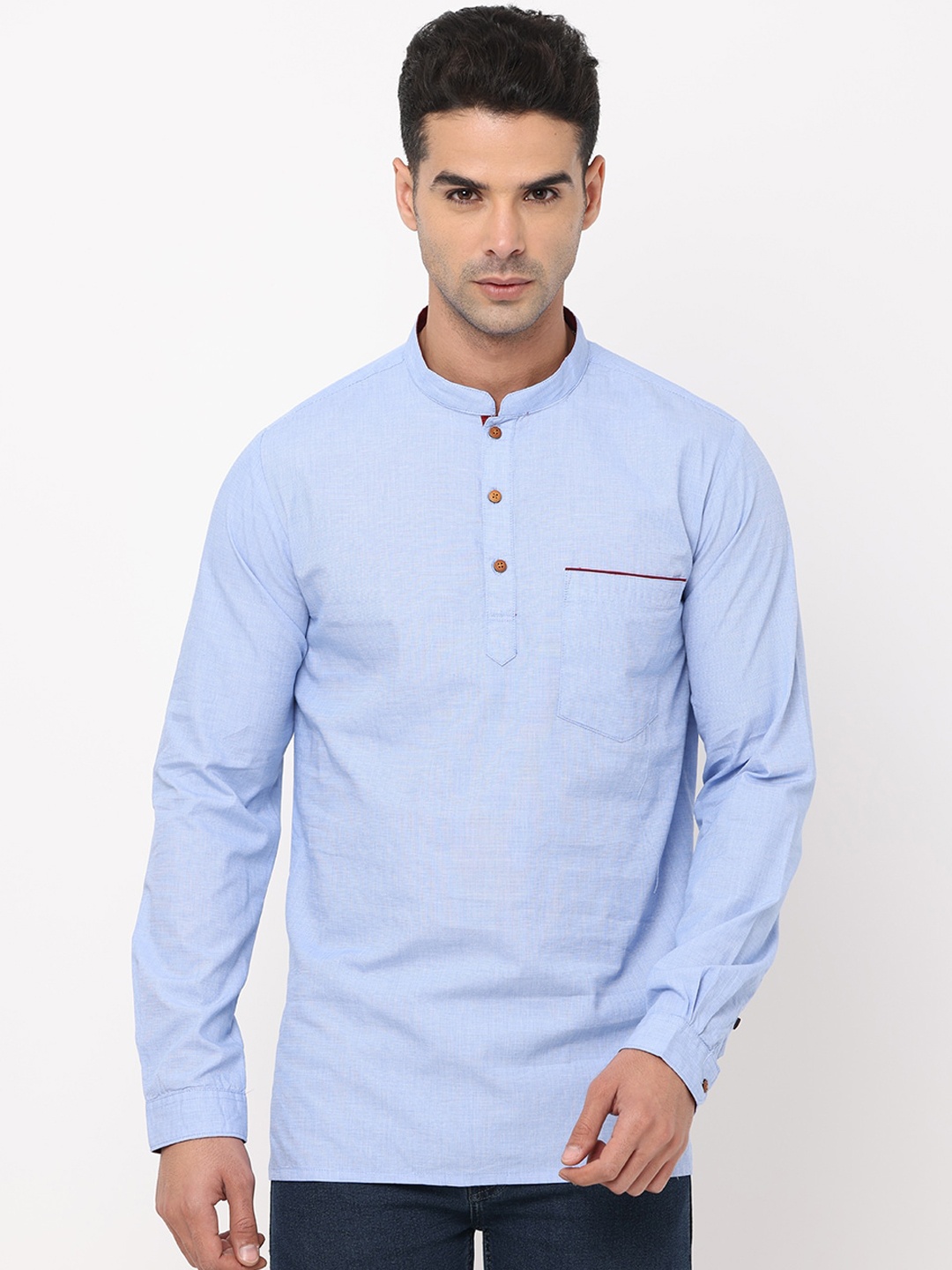 

NIRVAAN Men Blue Mandarin Collar Cotton Kurta