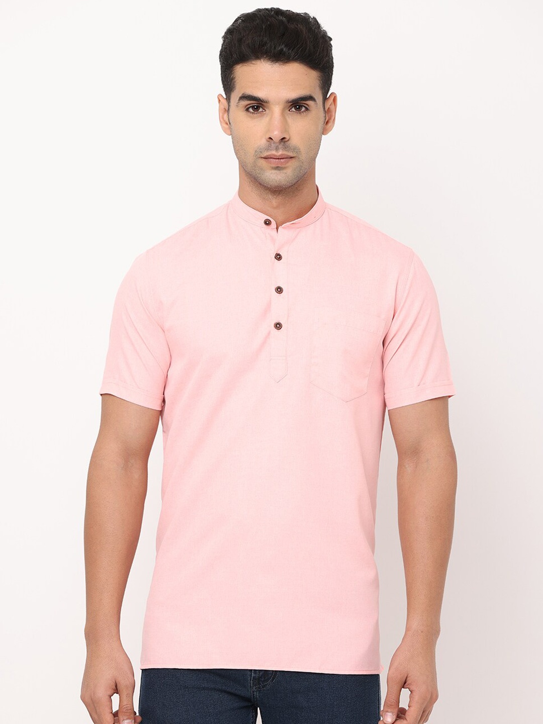 

NIRVAAN Men Pink Mandarin Collar Kurta