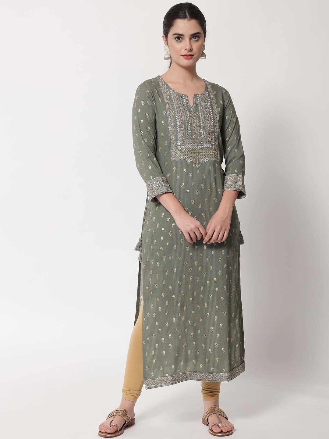 

KALINI Grey Ethnic Motifs Embroidered Thread Work Kurta