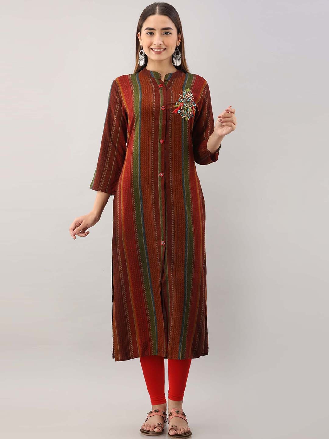 

KALINI Striped Thread Work Kurta, Maroon