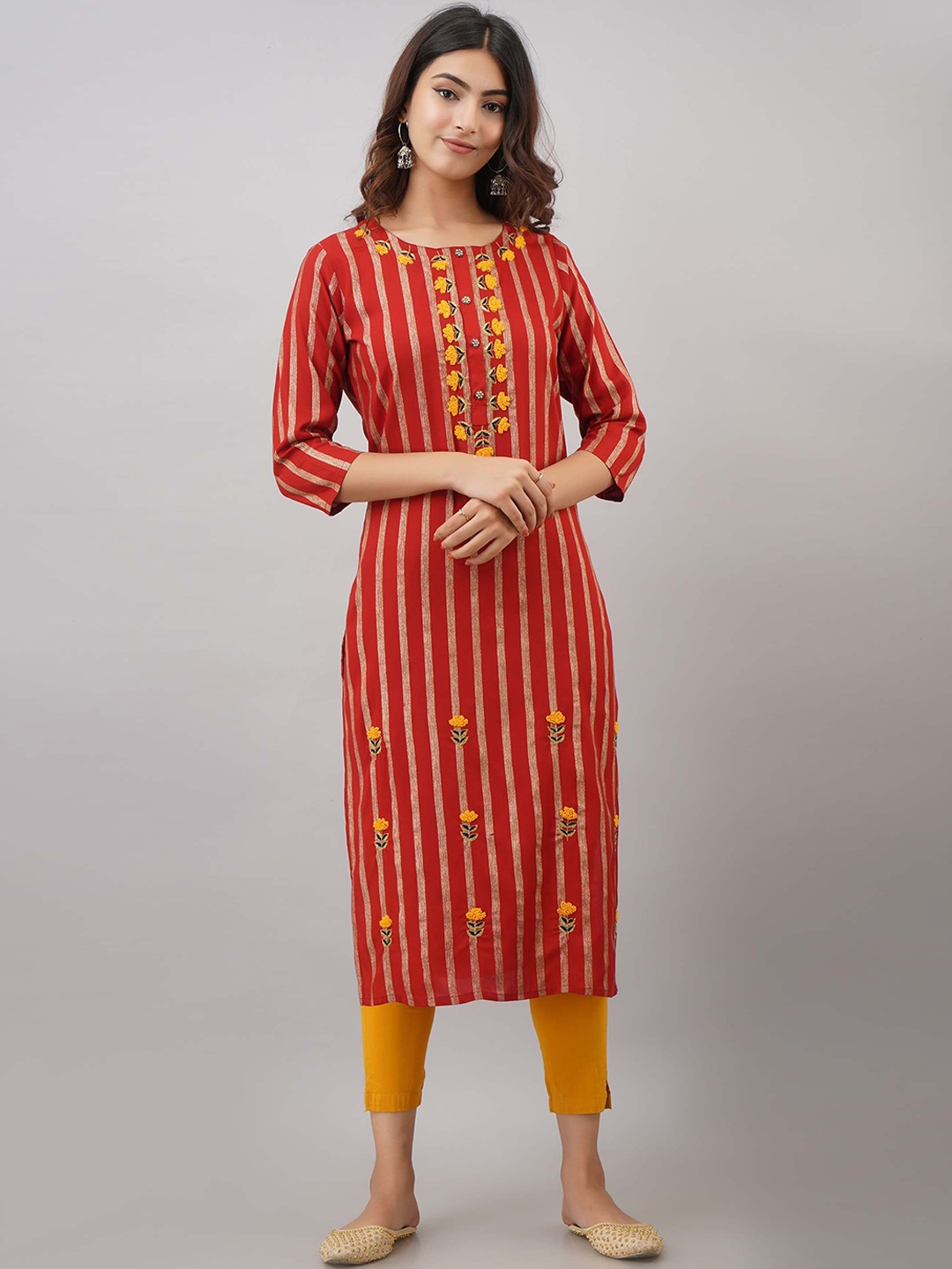 

KALINI Rust & Gold-Toned Striped Thread Work Kurta