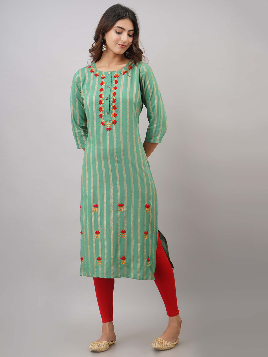 

KALINI Women Green & Red Striped Embroidered Kurta