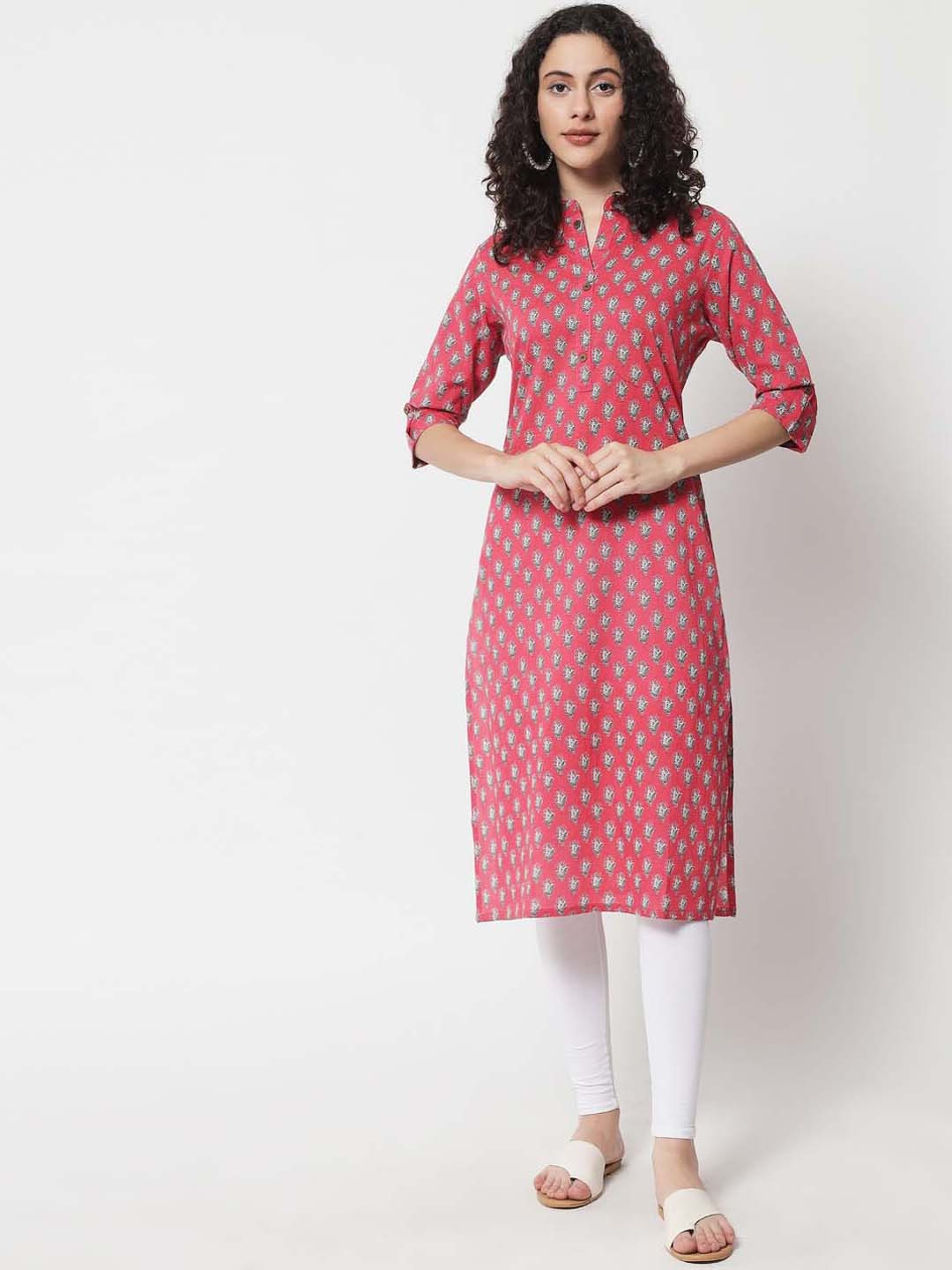 

KALINI Pink Floral Printed Floral Mandarin Collared Cotton Kurta