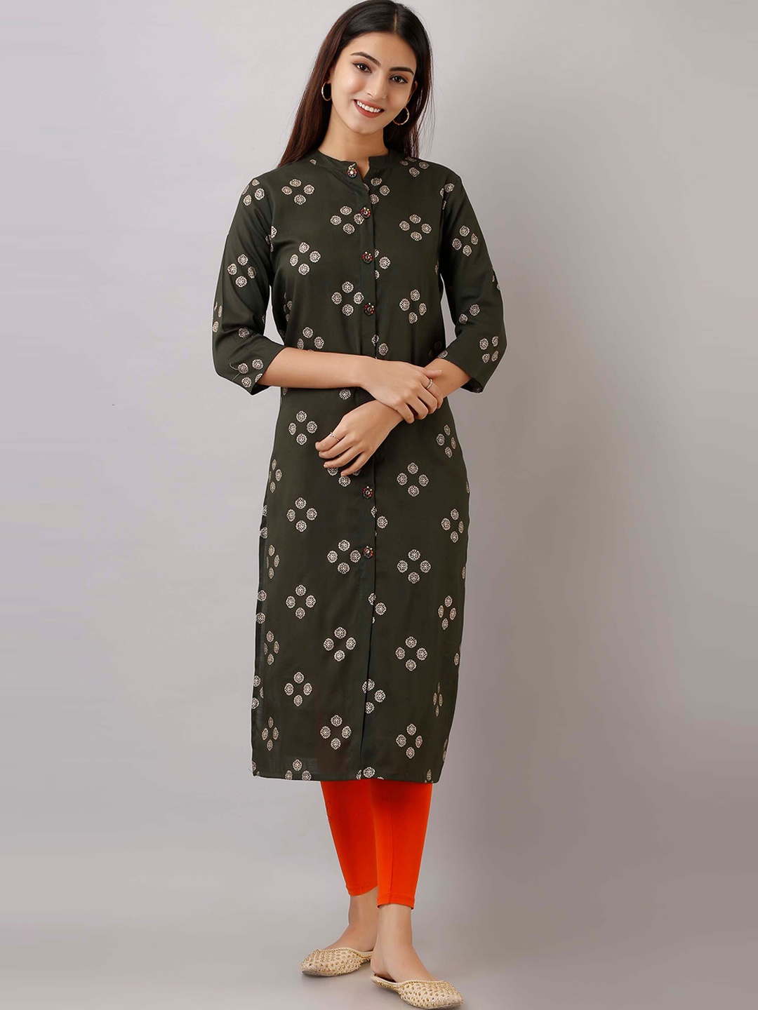 

KALINI Olive Green & Gold-Toned Floral Printed Mandarin Collared Kurta