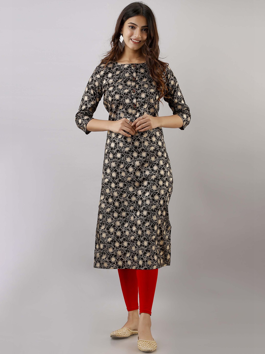 

KALINI Black & Gold-Toned Floral Printed Floral Kurta