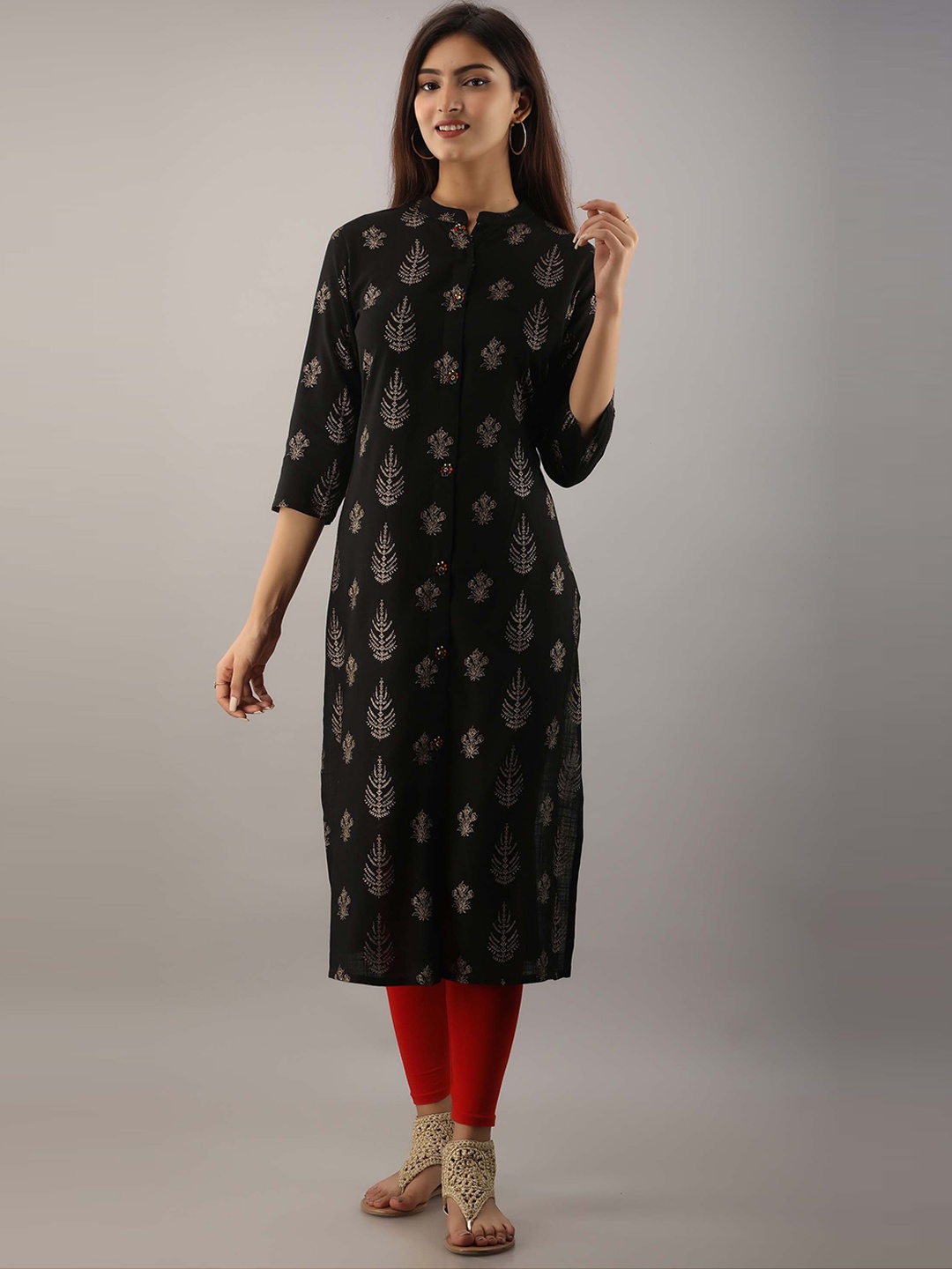

KALINI Black & Gold-Toned Ethnic Motifs Printed Kurta