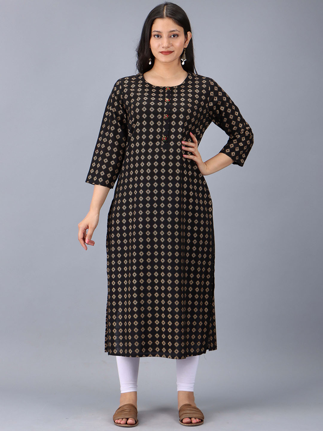 

KALINI Black & Gold-Toned Geometric Printed Kurta