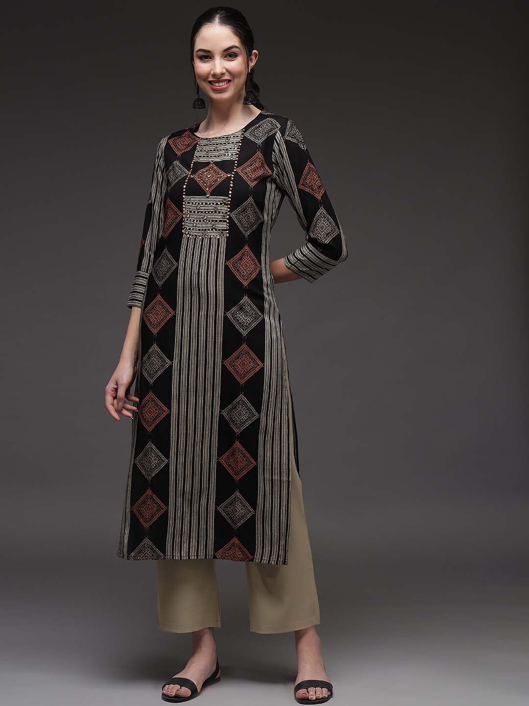

KALINI Women Geometric Striped Kurta, Black