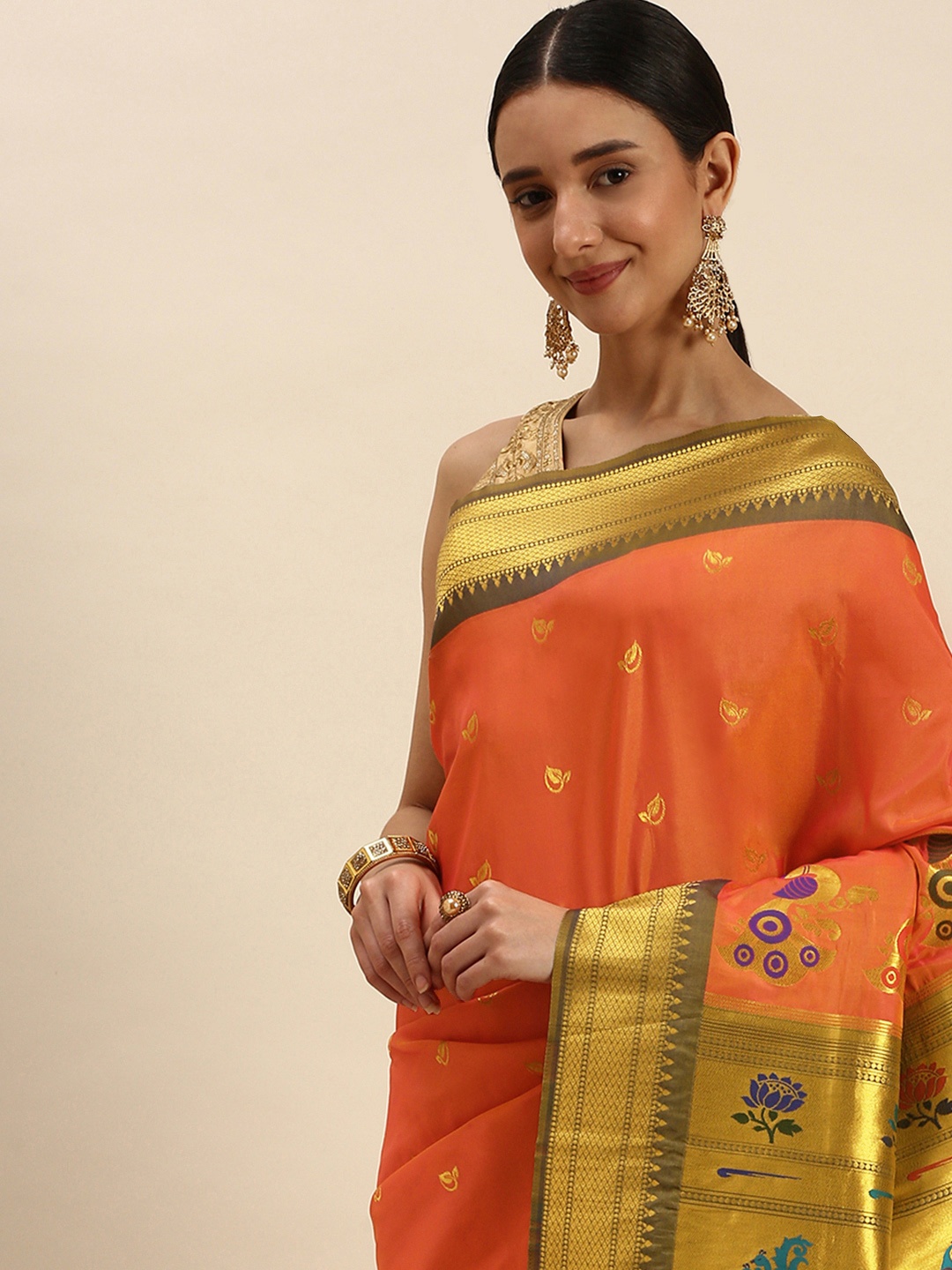 

Royal Rajgharana Saree Ethnic Motifs Zari Art Silk Paithani Saree, Orange