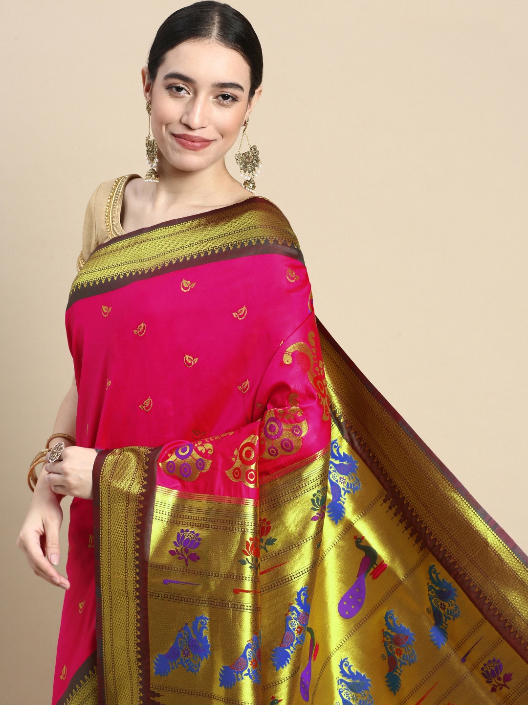 

Royal Rajgharana Saree Woven Design Ethnic Motifs Zari Art Silk Saree, Pink