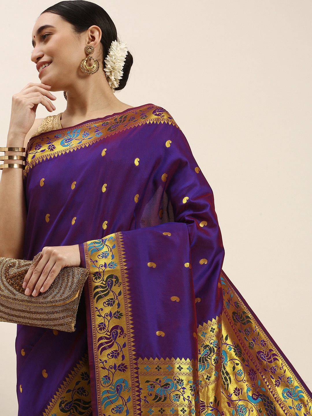 

Royal Rajgharana Saree Paisley Zari Art Silk Paithani Sarees, Purple