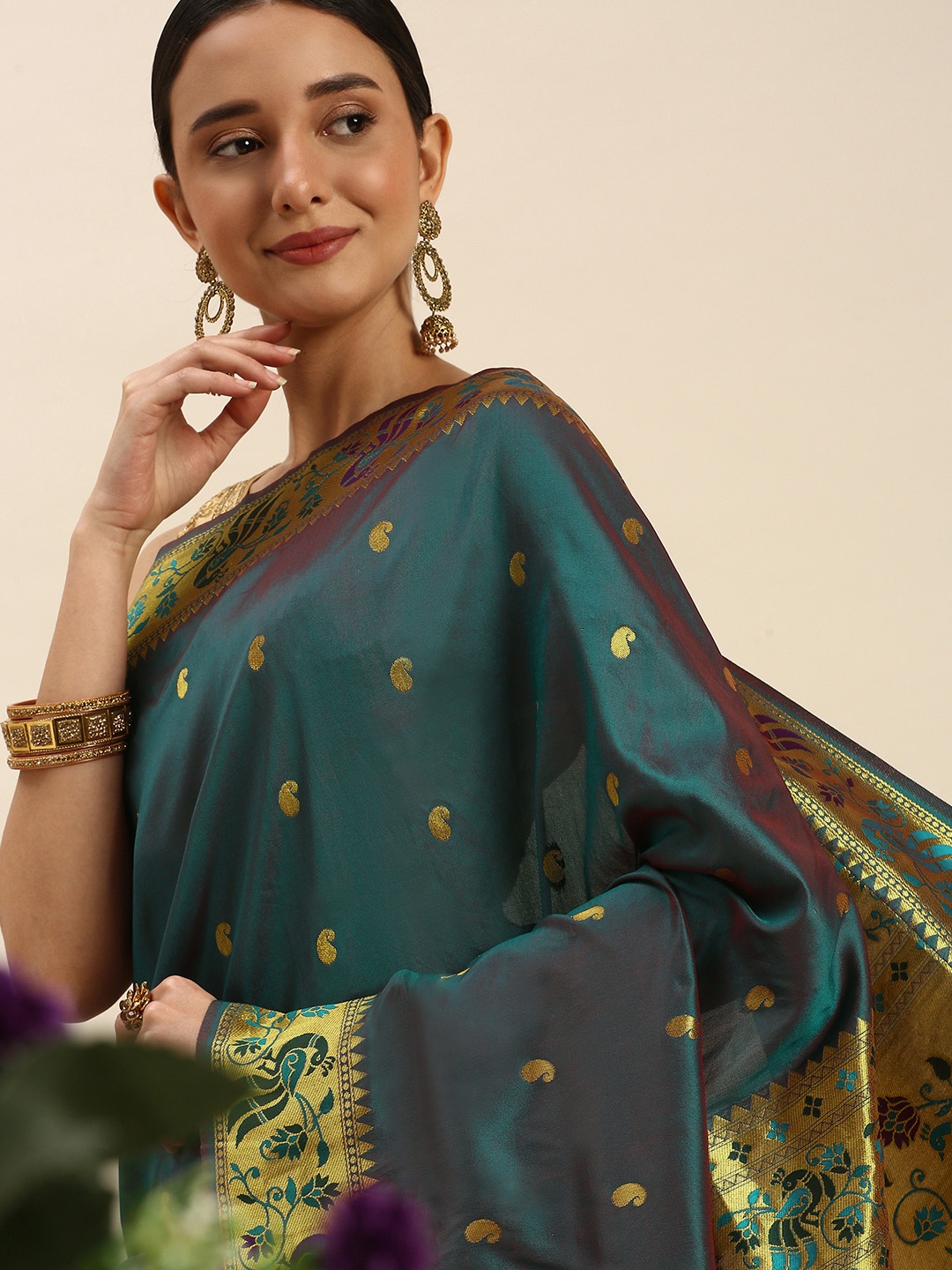 

Royal Rajgharana Saree Ethnic Motifs Zari Art Silk Paithani Saree, Teal