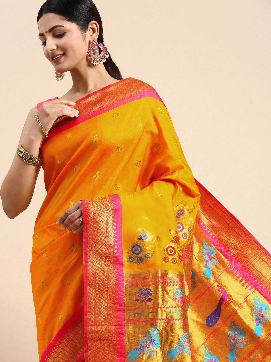 

Royal Rajgharana Saree Woven Design Ethnic Motifs Zari Art Silk Saree, Yellow