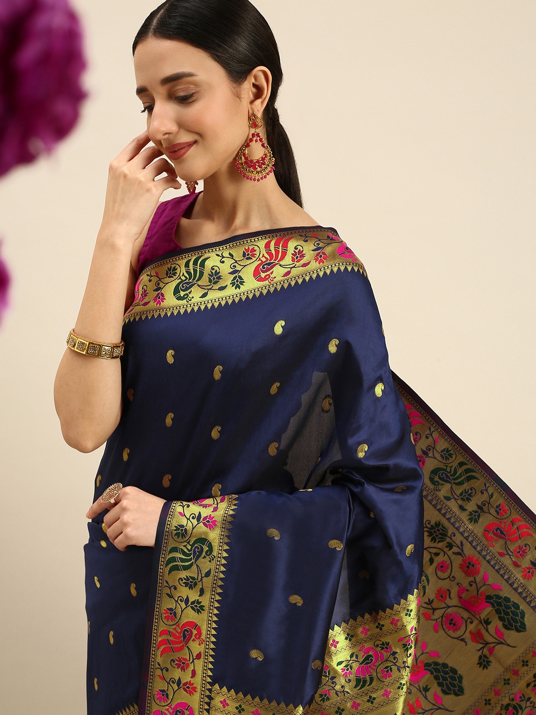 

Royal Rajgharana Saree Paisley Zari Art Silk Paithani Sarees, Navy blue